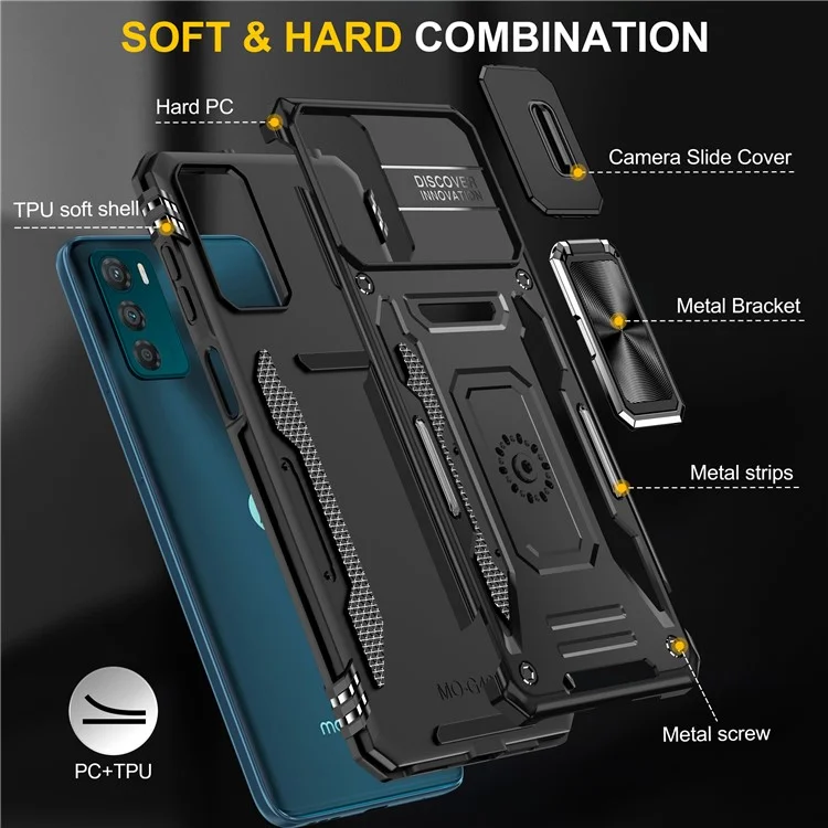 Armor Series For Motorola Moto G42 4G Kickstand Phone Case Slide Lens Shield PC+TPU Anti-Drop Cover - Black