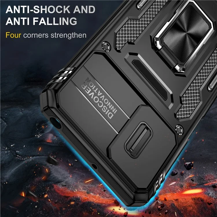 Armor Series For Motorola Moto G42 4G Kickstand Phone Case Slide Lens Shield PC+TPU Anti-Drop Cover - Black
