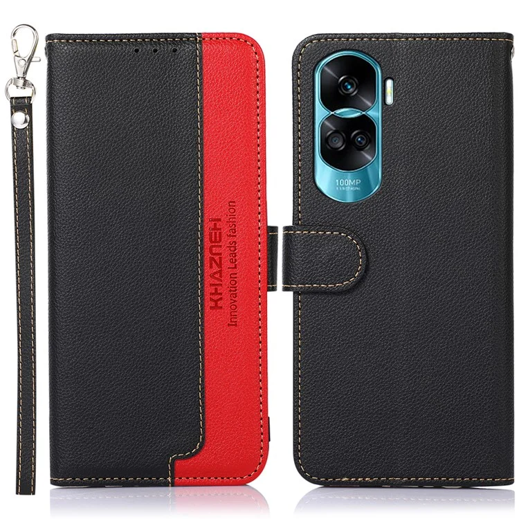 KHAZNEH For Honor 90 Lite 5G / X50i Litchi Texture Cell Phone Stand PU Leather Case Wallet RFID Blocking Phone Cover - Nero