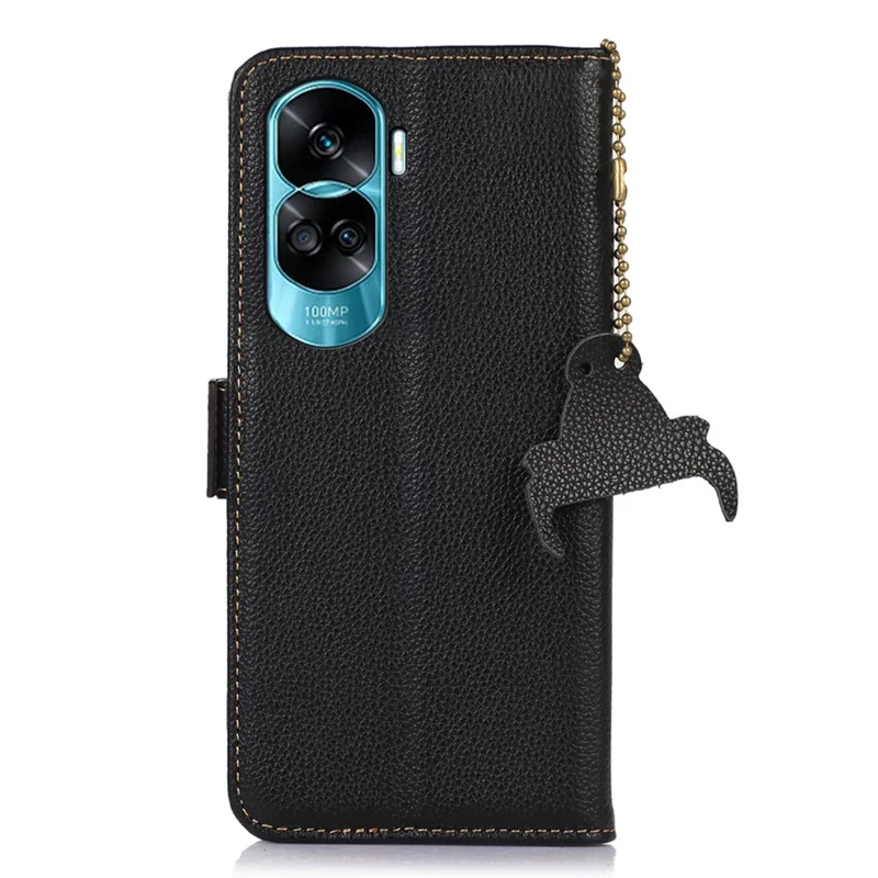 Для Honor 90 Lite 5G / X50i RFID Blocking Phone Case Stand Wallet Genuine Cow Leather Litchi Texture Cover - Black