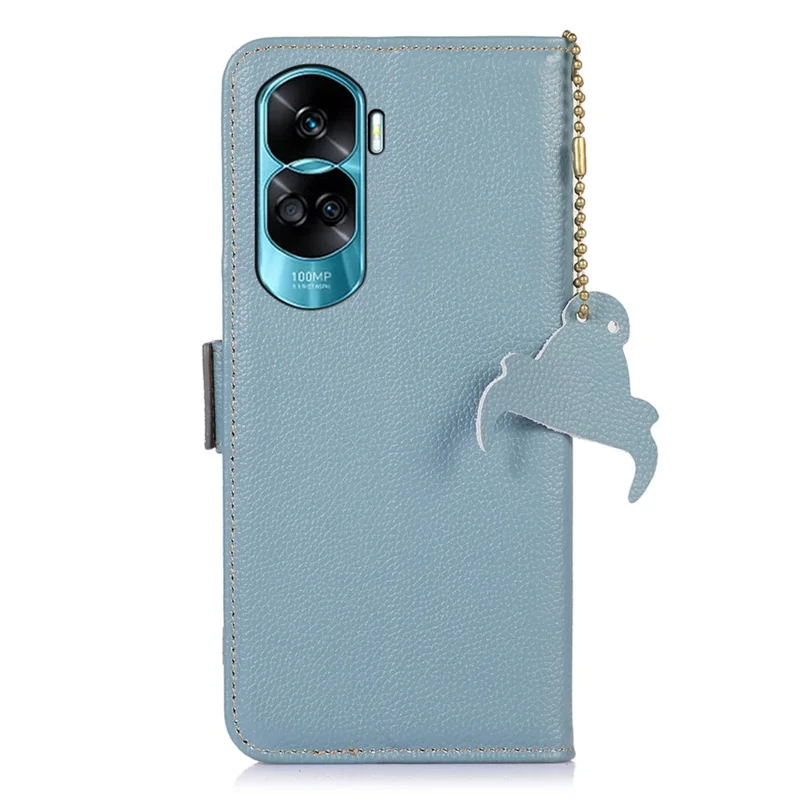 For Honor 90 Lite 5G / X50i RFID Blocking Phone Case Stand Wallet Genuine Cow Leather Litchi Texture Cover - Blau