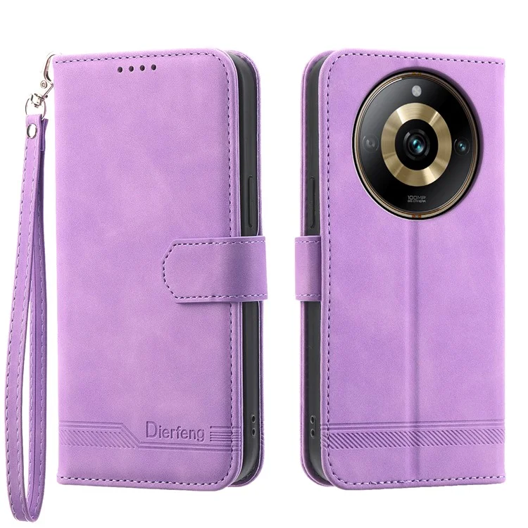 DIERFENG DF-03 Capa de Couro com Linhas Impressas para Realme 11 Pro 5G - Carteira de Couro com Suporte - Roxa