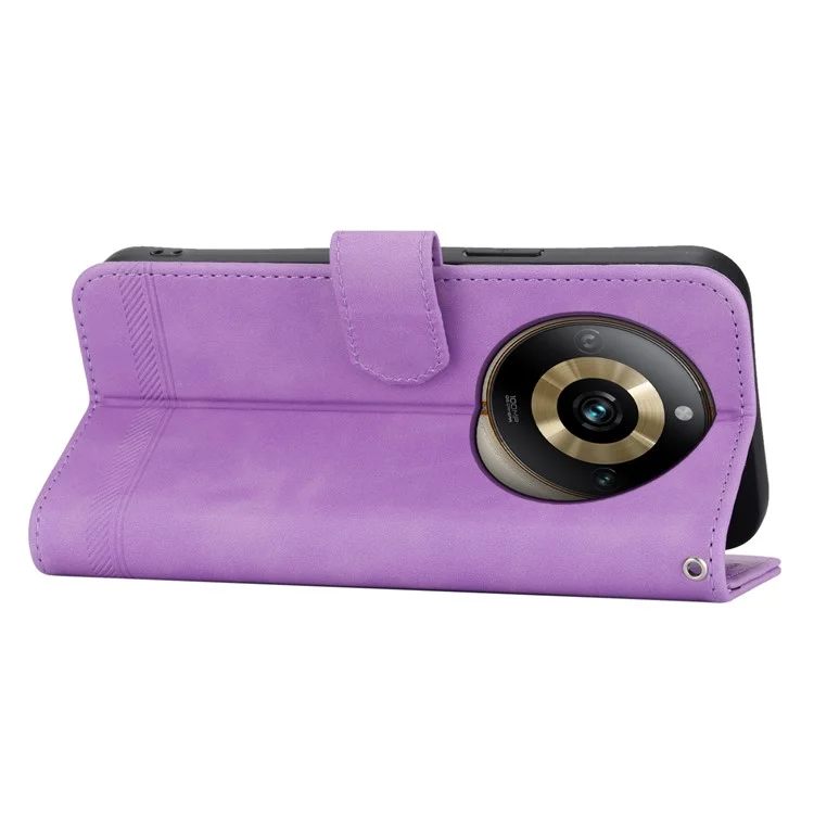 DIERFENG DF-03 Capa de Couro com Linhas Impressas para Realme 11 Pro 5G - Carteira de Couro com Suporte - Roxa