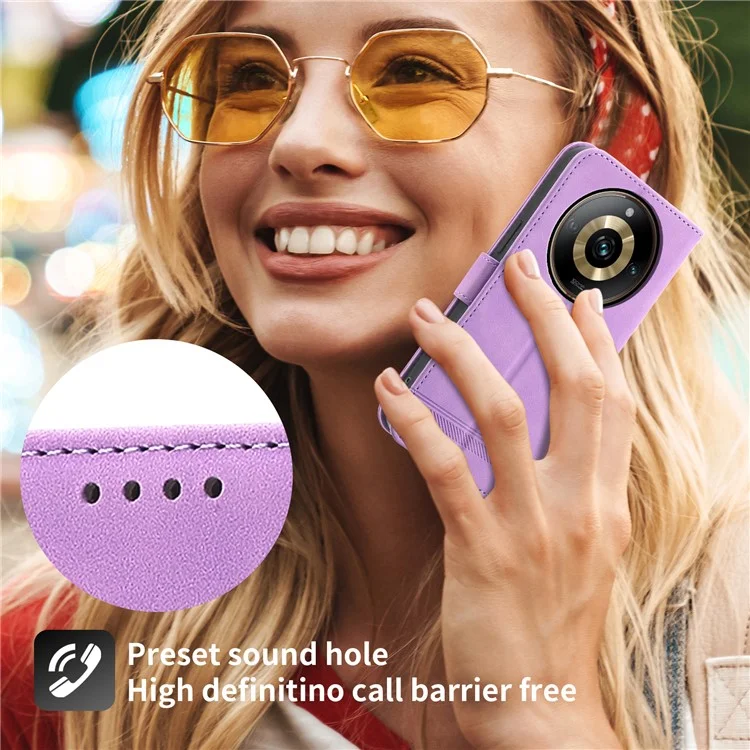 DIERFENG DF-03 Capa de Couro com Linhas Impressas para Realme 11 Pro 5G - Carteira de Couro com Suporte - Roxa