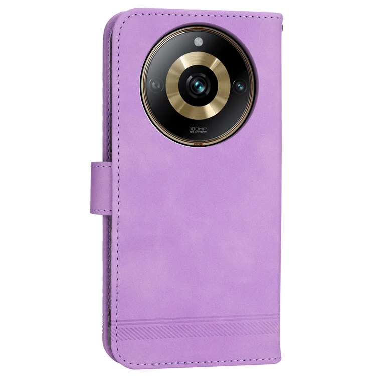 DIERFENG DF-03 Capa de Couro com Linhas Impressas para Realme 11 Pro 5G - Carteira de Couro com Suporte - Roxa