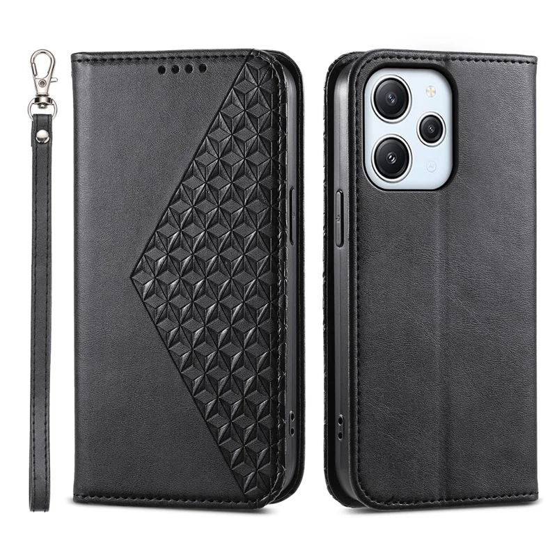 Für Xiaomi Redmi 12 4G Ledertelefonhülle, stoßfest, mit geprägtem Rauten-Muster, Brieftasche, Ständer - Schwarz