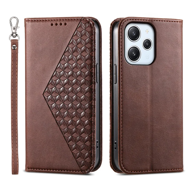 For Xiaomi Redmi 12 4G Leather Phone Case Anti-fall Imprinted Rhombus Pattern Wallet Stand Cover - Brown