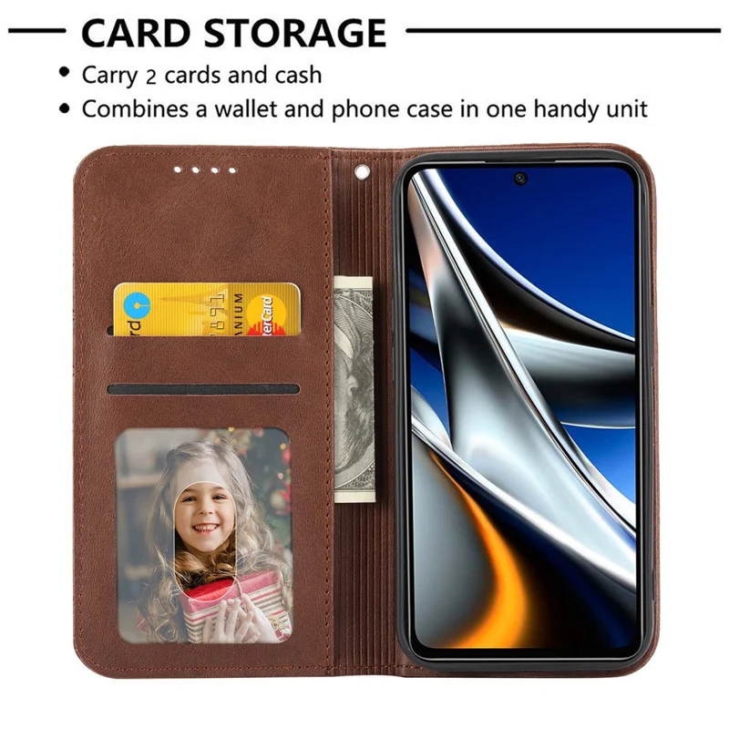 For Xiaomi Redmi 12 4G Leather Phone Case Anti-fall Imprinted Rhombus Pattern Wallet Stand Cover - Brown