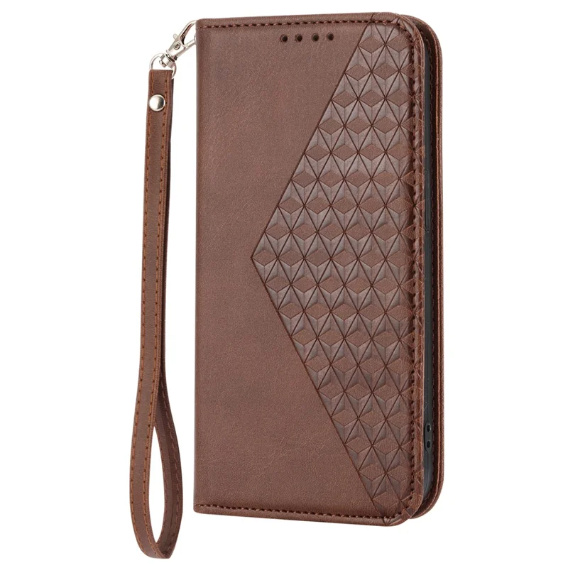 For Xiaomi Redmi 12 4G Leather Phone Case Anti-fall Imprinted Rhombus Pattern Wallet Stand Cover - Brown
