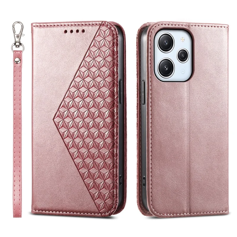 Per Xiaomi Redmi 12 4G Custodia in pelle antiurto con motivo a rombi impresso - Rosa oro