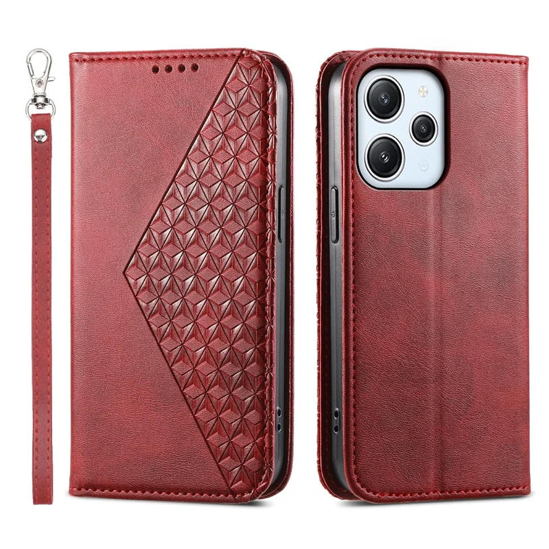 For Xiaomi Redmi 12 4G Leather Phone Case Anti-fall Imprinted Rhombus Pattern Wallet Stand Cover - Red