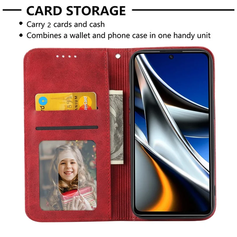 For Xiaomi Redmi 12 4G Leather Phone Case Anti-fall Imprinted Rhombus Pattern Wallet Stand Cover - Red