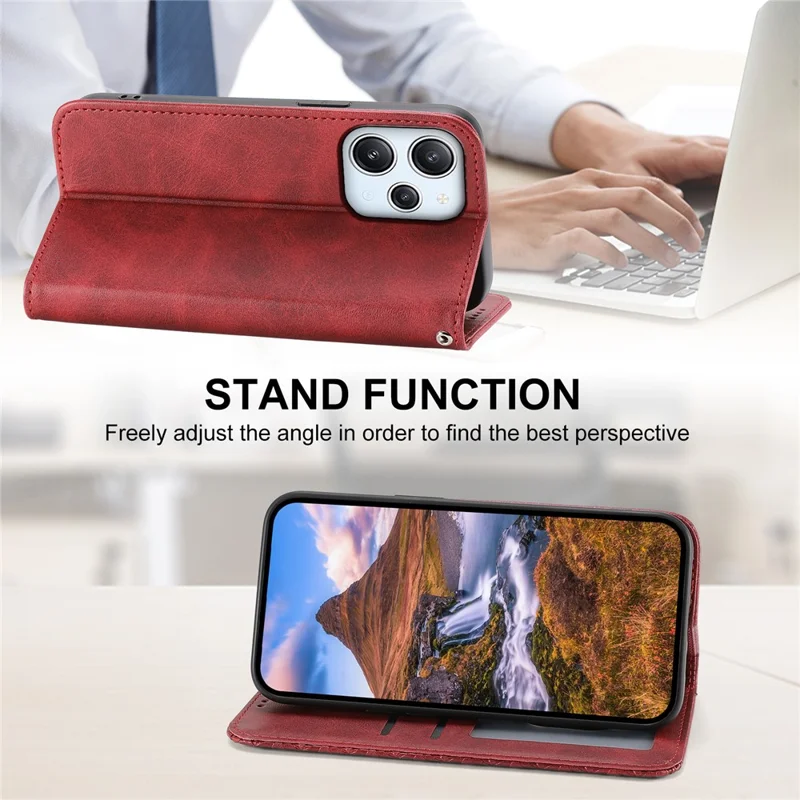 For Xiaomi Redmi 12 4G Leather Phone Case Anti-fall Imprinted Rhombus Pattern Wallet Stand Cover - Red