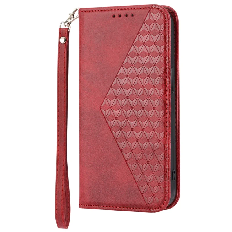 For Xiaomi Redmi 12 4G Leather Phone Case Anti-fall Imprinted Rhombus Pattern Wallet Stand Cover - Red