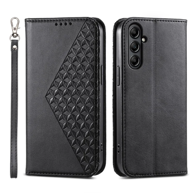 For Samsung Galaxy A25 5G (Global) (161.0 x 76.5 x 8.3mm) Leather Phone Case Imprinted Rhombus Pattern Wallet Stand Drop Resistant Cover - Black