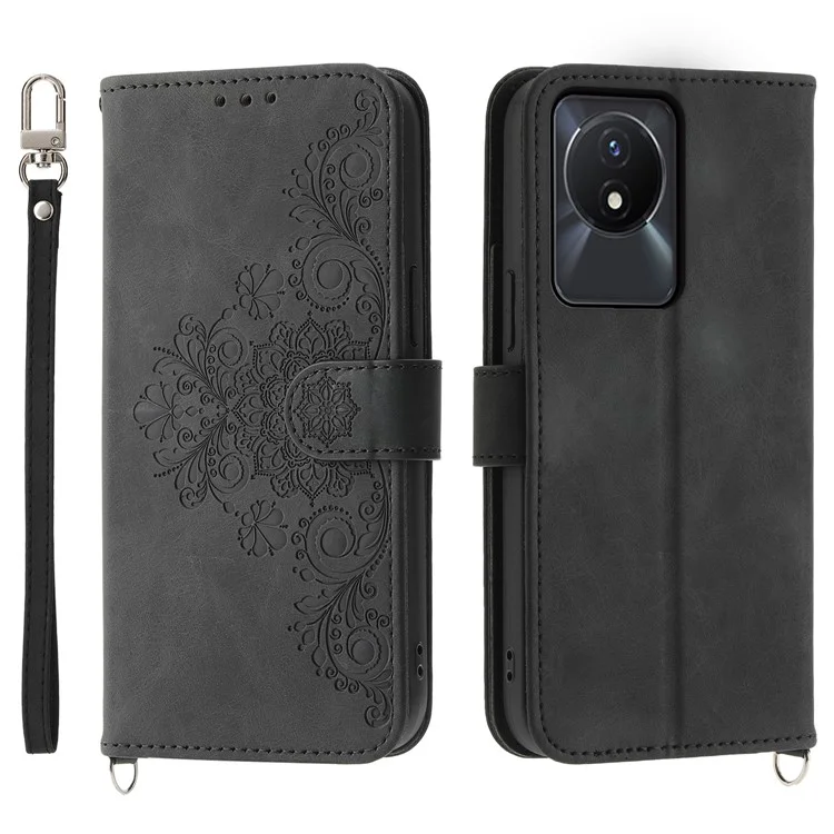 Leather Phone Case for vivo Y02A 4G , Imprinted Flower Stand Wallet Cover with Wrist Strap + Shoulder Strap - Black