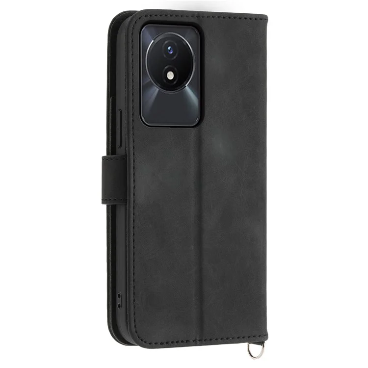 Leather Phone Case for vivo Y02A 4G , Imprinted Flower Stand Wallet Cover with Wrist Strap + Shoulder Strap - Black