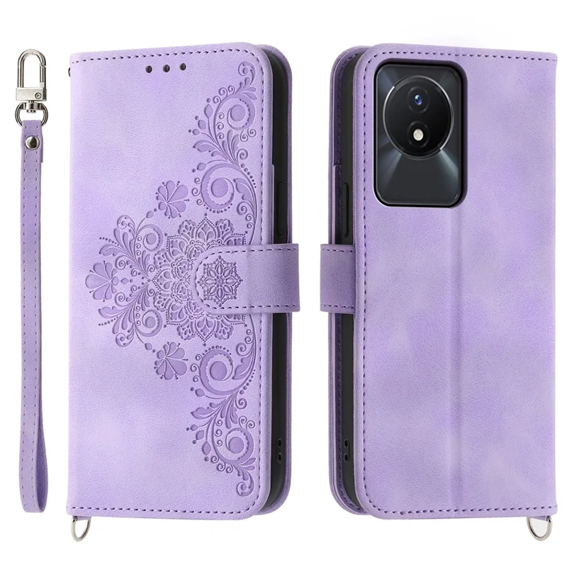 Leather Phone Case for vivo Y02A 4G , Imprinted Flower Stand Wallet Cover with Wrist Strap + Shoulder Strap - Light Purple