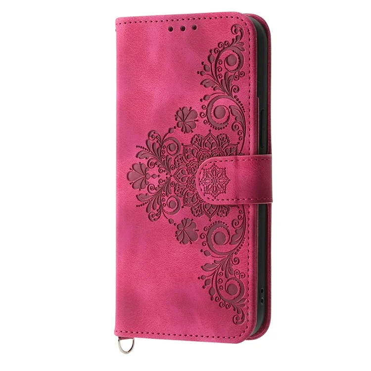 Leather Phone Case for vivo Y02A 4G , Imprinted Flower Stand Wallet Cover with Wrist Strap + Shoulder Strap - Wine Red