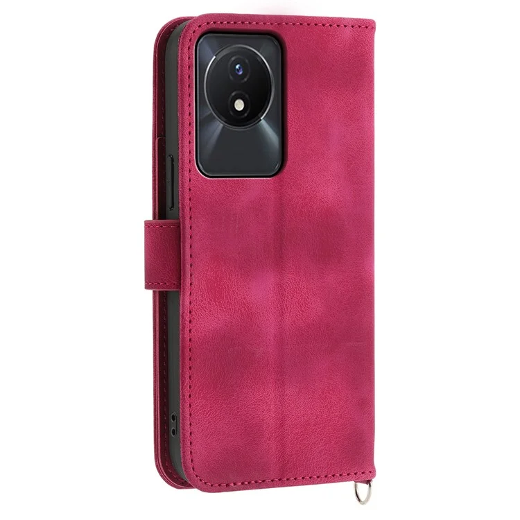 Leather Phone Case for vivo Y02A 4G , Imprinted Flower Stand Wallet Cover with Wrist Strap + Shoulder Strap - Wine Red