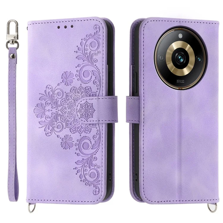 Funda de teléfono de piel para Realme 11 Pro 5G, Cubierta de cartera con soporte plegable con estampado de flores y correa de muñeca + correa de hombro - Púrpura claro