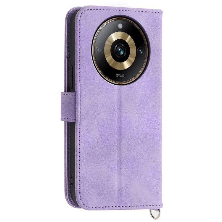 Funda de teléfono de piel para Realme 11 Pro 5G, Cubierta de cartera con soporte plegable con estampado de flores y correa de muñeca + correa de hombro - Púrpura claro
