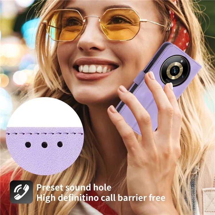 Funda de teléfono de piel para Realme 11 Pro 5G, Cubierta de cartera con soporte plegable con estampado de flores y correa de muñeca + correa de hombro - Púrpura claro