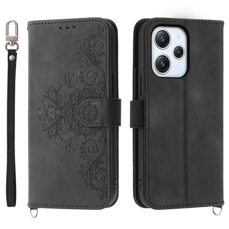 Phone Case for Xiaomi Redmi 12 4G , Imprinted Flower Stand Wallet Leather Cover with Wrist Strap + Shoulder Strap - Black