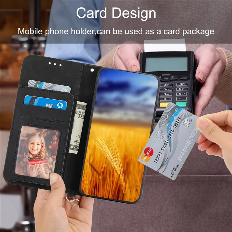 Phone Case for Xiaomi Redmi 12 4G , Imprinted Flower Stand Wallet Leather Cover with Wrist Strap + Shoulder Strap - Black
