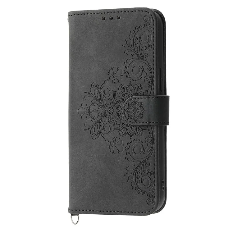 Phone Case for Xiaomi Redmi 12 4G , Imprinted Flower Stand Wallet Leather Cover with Wrist Strap + Shoulder Strap - Black