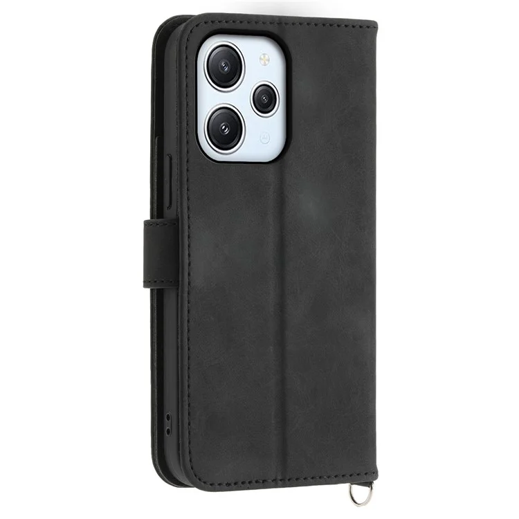 Phone Case for Xiaomi Redmi 12 4G , Imprinted Flower Stand Wallet Leather Cover with Wrist Strap + Shoulder Strap - Black