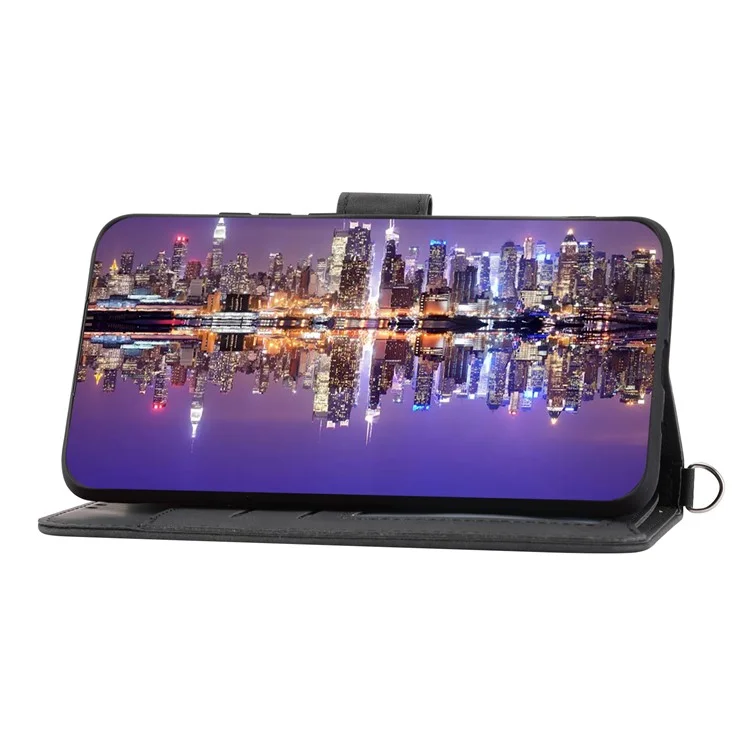 Phone Case for Xiaomi Redmi 12 4G , Imprinted Flower Stand Wallet Leather Cover with Wrist Strap + Shoulder Strap - Black