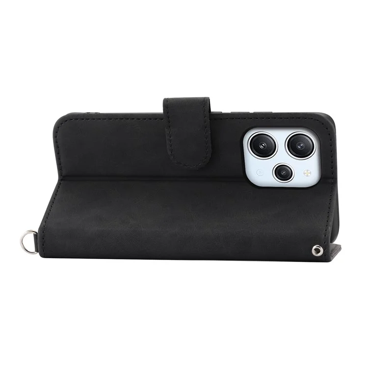 Phone Case for Xiaomi Redmi 12 4G , Imprinted Flower Stand Wallet Leather Cover with Wrist Strap + Shoulder Strap - Black