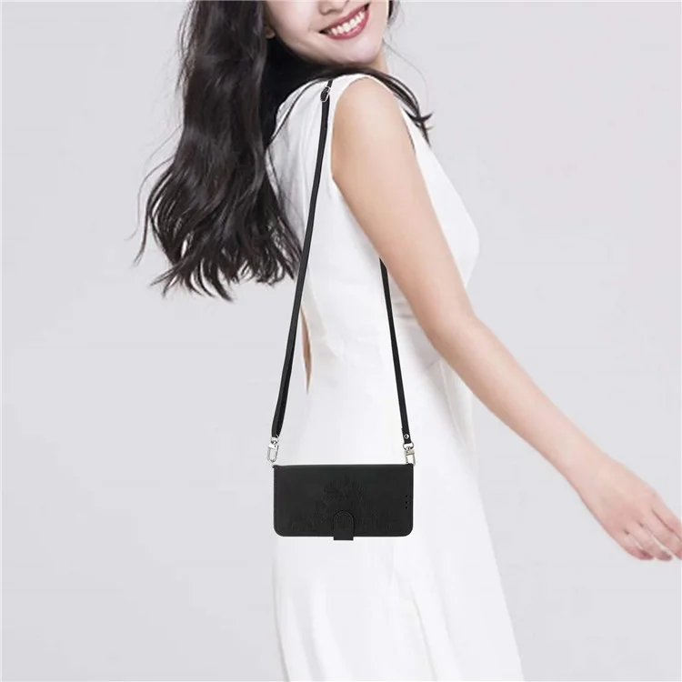Phone Case for Xiaomi Redmi 12 4G , Imprinted Flower Stand Wallet Leather Cover with Wrist Strap + Shoulder Strap - Black