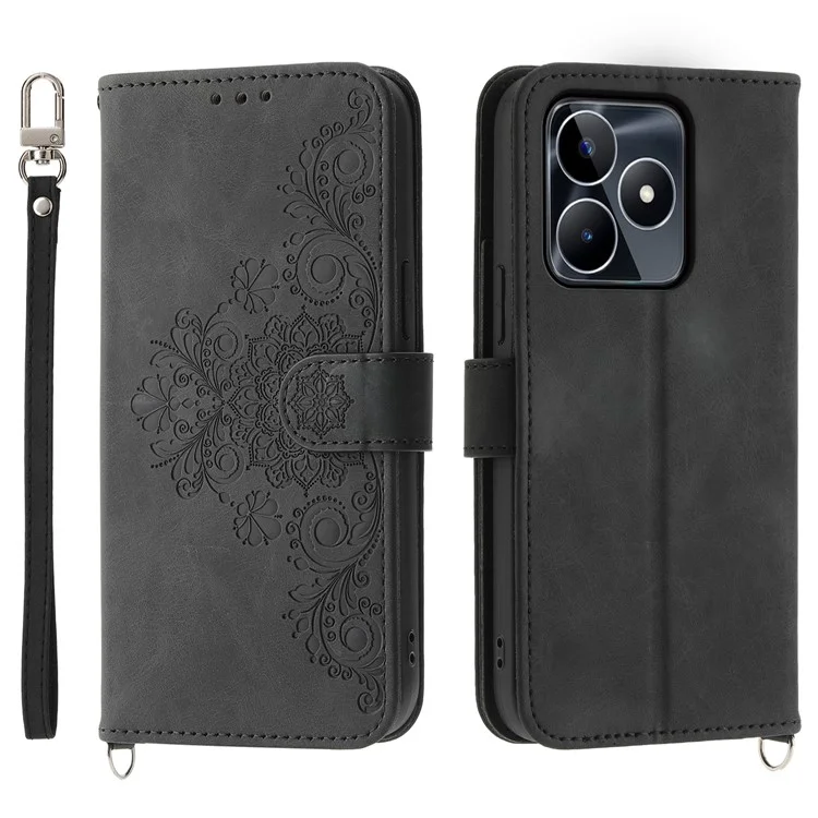 Viewing Stand Phone Case für Realme C53 (Global) / C53 (Indien) / C51 mit geprägtem Blumenportemonnaie-Lederetui mit Riemen - Schwarz