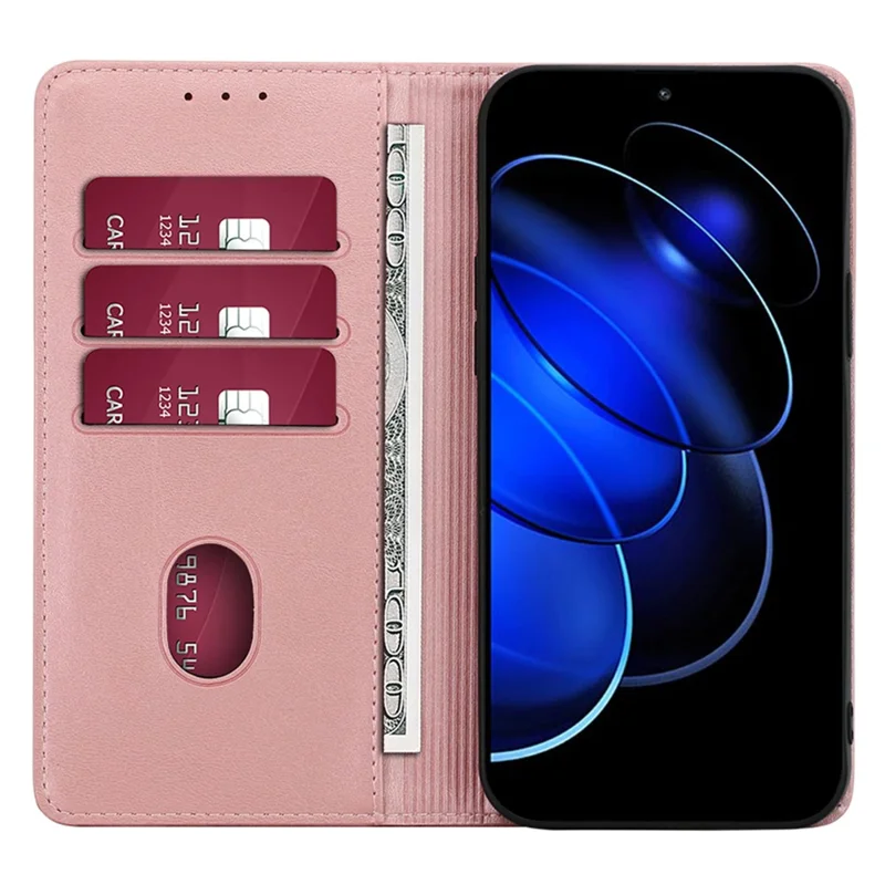 Wallet Phone Case for Honor 90 , Anti-Scratch Calf Texture PU Leather Stand Smartphone Cover - Rose Gold