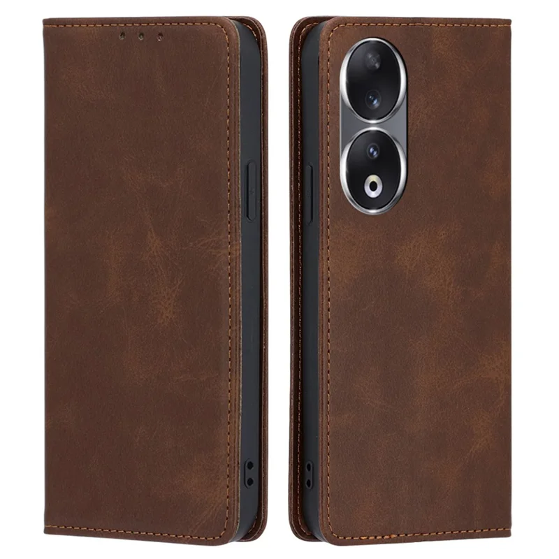 Wallet Phone Case for Honor 90 , Anti-Scratch Calf Texture PU Leather Stand Smartphone Cover - Brown