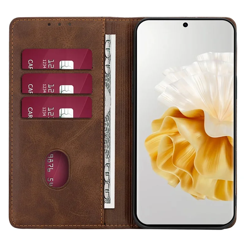Pour Huawei Enjoy 60 Pro / nova 11i / Maimang 20 Coque de téléphone portefeuille en cuir avec texture de veau, ajustée - Marron