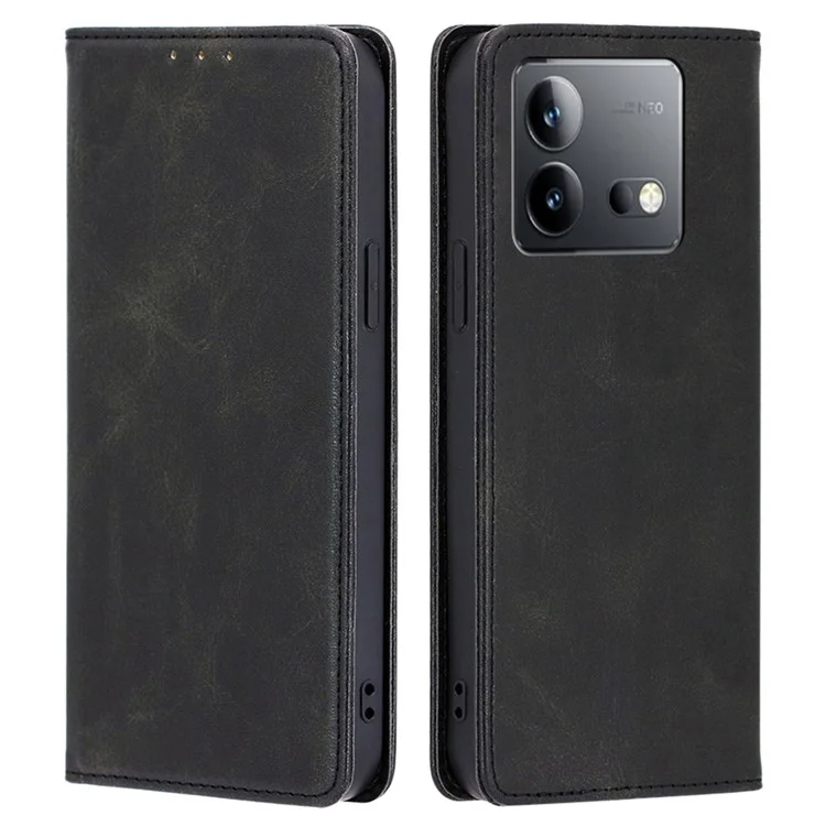 Для vivo iQOO Neo8 5G / Neo8 Pro 5G Shockproof Phone Cover Calf Texture Leather Shell Stand Wallet Case - Black