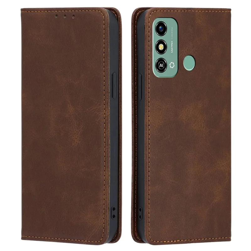 Wallet Phone Case for ZTE Blade A53 , Anti-Scratch Calf Texture Leather Phone Stand Cover  - Brown
