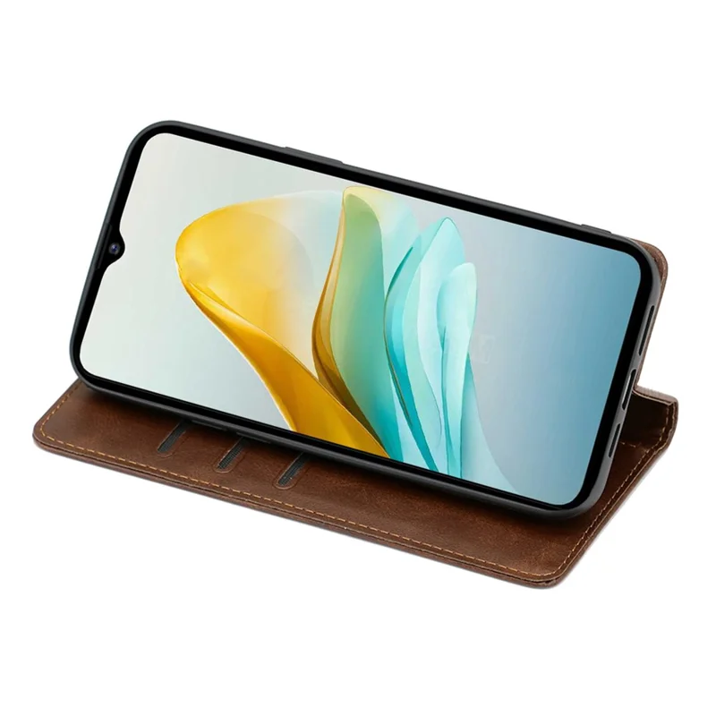 Wallet Phone Case for ZTE Blade A53 , Anti-Scratch Calf Texture Leather Phone Stand Cover  - Brown