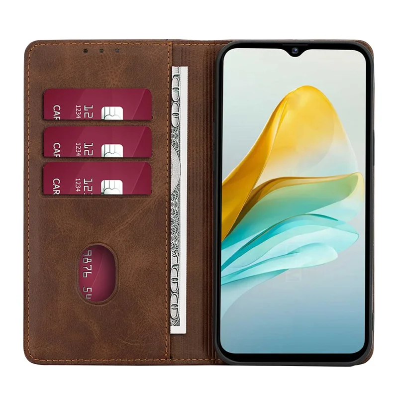 Wallet Phone Case for ZTE Blade A53 , Anti-Scratch Calf Texture Leather Phone Stand Cover  - Brown