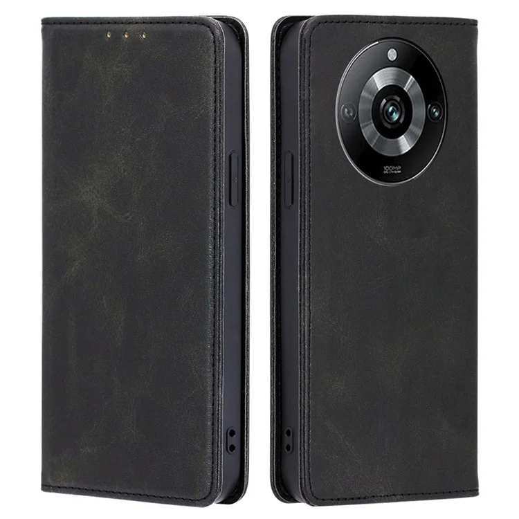 Pour Realme 11 Pro+ 5G / 11 Pro 5G Coque de téléphone antichoc, texture veau, support portefeuille en cuir PU - Noir
