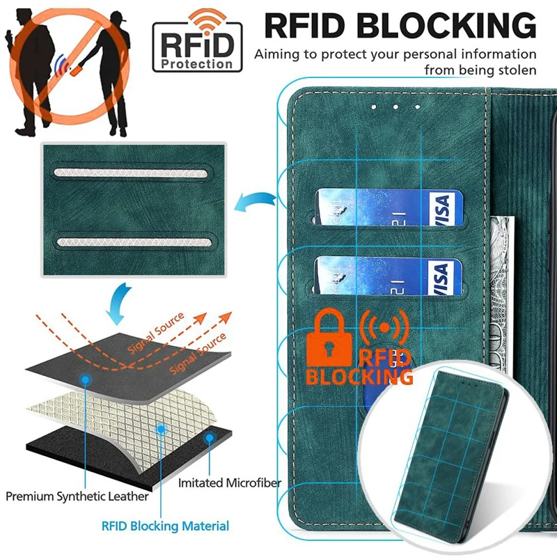 Para Realme 11 Pro+ 5G / 11 Pro 5G Capa de Telefone de Carteira de Couro com Suporte Anti-queda e Função de Bloqueio RFID - Verde