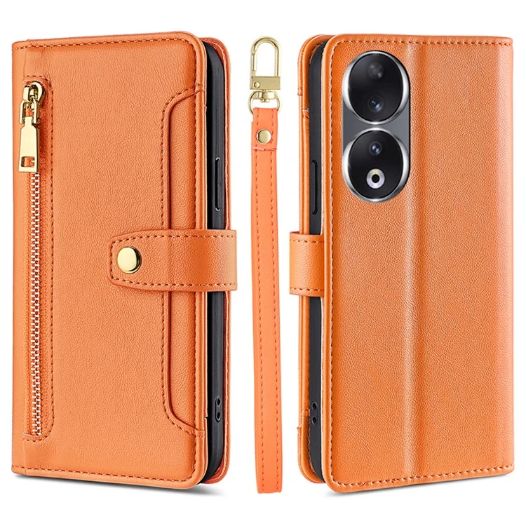 Pour Honor 90 Zipper Pocket Phone Leather Case Multiple Card Slots Anti-drop Cover with Straps - Orange