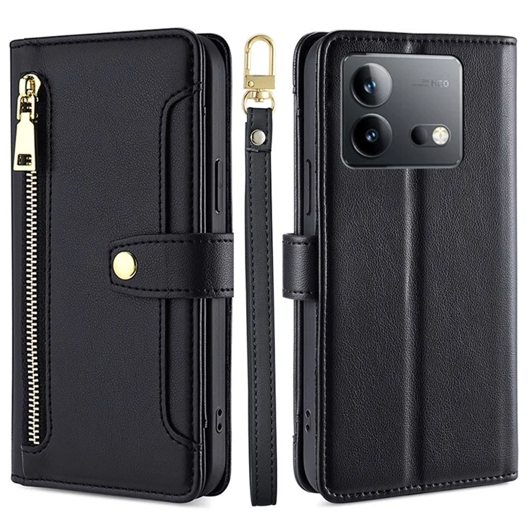 Para o vivo iQOO Neo8 5G / iQOO Neo8 Pro 5G Cobertura de Caso de Telefone de Couro de Bolso Zipper Slots Múltiplos de Cartão - Preto