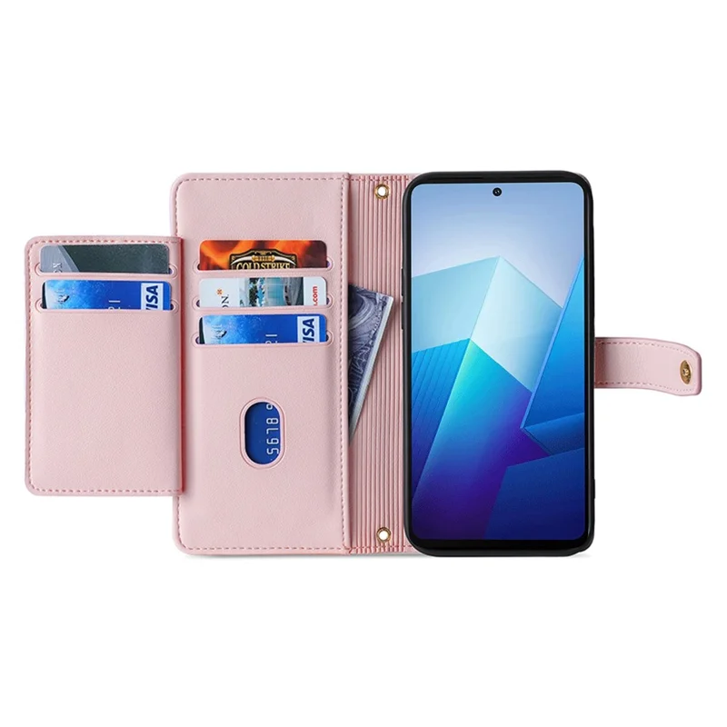 Multiple Card Slots Anti-Fall Shell for vivo S17 5G / S17 Pro 5G , Zipper Pocket Phone Leather Case with Straps - Pink