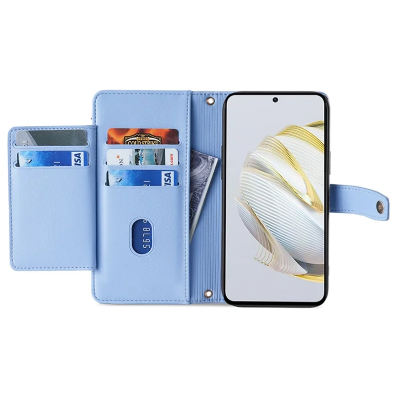 Phone Shell for Huawei Enjoy 60 Pro / nova 11i / Maimang 20 , Zipper Pocket Multiple Card Slots Leather Flip Case with Straps - Blue
