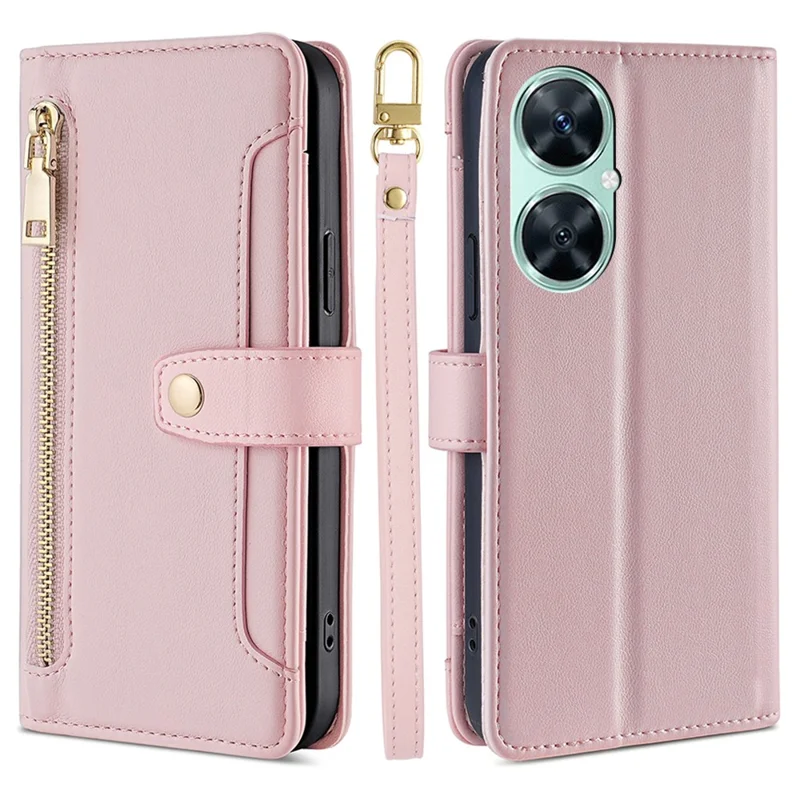 Funda de teléfono para Huawei Enjoy 60 Pro / nova 11i / Maimang 20, funda de cuero con cremallera y múltiples ranuras para tarjetas, con correa - rosa