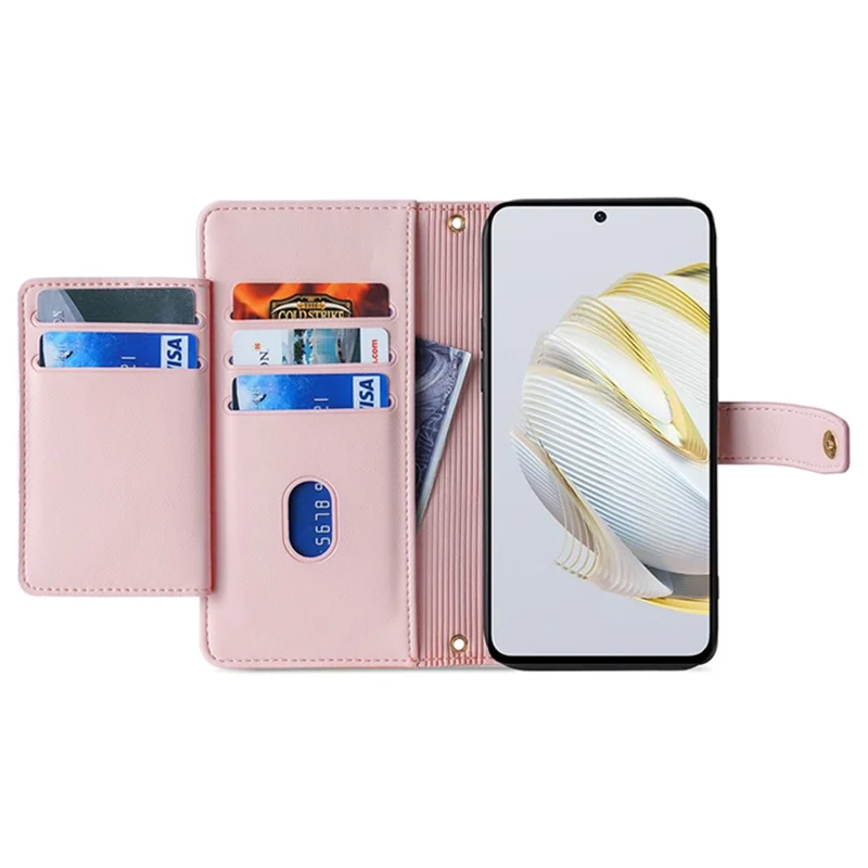 Funda de teléfono para Huawei Enjoy 60 Pro / nova 11i / Maimang 20, funda de cuero con cremallera y múltiples ranuras para tarjetas, con correa - rosa